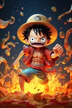 Baby Monkey Luffy Anime Character Fire Background
