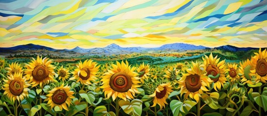 Wall Mural - In a green sea, vibrant sunflowers create a breathtaking mosaic under the open sky.