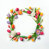 Fototapeta Tulipany - Flower frame with tulips and hyacinths on white background