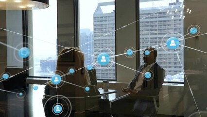 Wall Mural - Animation of network of connections over diverse business people in office