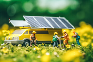 Miniature workers near solar panels