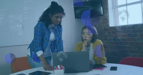 Canvas Print - Animation of financial data processing over diverse female colleagues using laptop at office