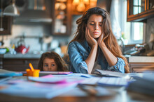 Stressed mother managing finances and work with child at home