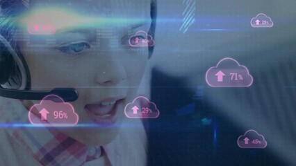 Wall Mural - animation of clouds and data processing over caucasian boy using phone headset