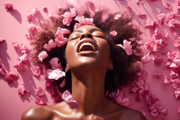 Wall Mural - Young African American woman having orgasm. Beautiful woman with open mouth and closed eyes enjoying sex lying among rose petals. Sexual experience, getting sexual pleasure, masturbation, cunnilingus.