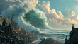 Gigantic wave rising above a peaceful city, frozen in time, AI Generated