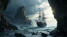 Pirate Ship Sailing Towards Treasure Island Amidst Dangerous Storm, AI Generated