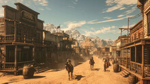 Wild West Town With Cowboys Dueling In Dusty Street, AI Generated