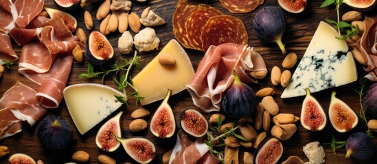 Canvas Print - Prosciutto and cheese appetizers with figs on a wooden board, top view.