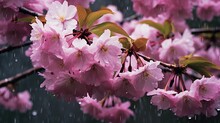 Cherry Blossoms Gently Drenched In Soft Rain, With Droplets Glistening On Delicate Pink Petals.