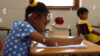 Wall Mural - Animation of numbers over african american schoolgirl writing in notebook at school