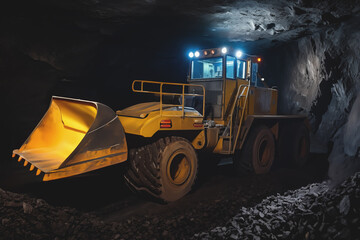 Poster - Coal mining. Underground Mining Loader in mine. Heavy machinery for Underground mining. Coal mining in mine. Underground Wheel Loader in mine. Gold mine drilling. salt mining and potash fertilizers