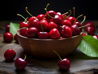 Wall Mural - Fresh cherries in a white bowl on table with red background