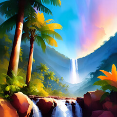 Wall Mural - Watercolor painting of a beautiful tropical waterfall in the jungle. Digital art landscape illustration.