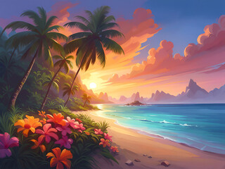 Wall Mural - Summer tropical beach with palm trees and tropical flowers at sunset.