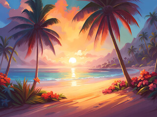 Wall Mural - Summer tropical beach with palm trees and tropical flowers at sunset.