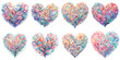 Collection of watercolor beautiful colorful pastel decorative hearts.