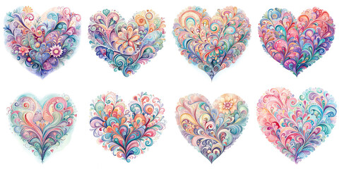 Wall Mural - Collection of watercolor beautiful colorful pastel decorative hearts.