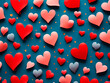Red, pink and blue heart pattern on dark blue background, symbol of love and passion
