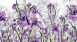 Irises painted in watercolor on a textured background, a pattern in light pink tones, photo wallpaper in the interior.