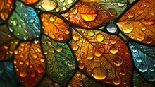 Stained Glass Window Background With Colorful Leaf And Water Drops Abstract.	