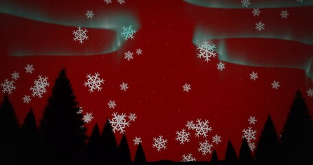 Wall Mural - Animation of christmas tree silhouettes over snowflakes falling on aurora borealis red background