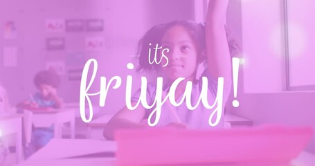 Sticker - Animation of its friyay text, lights and pink tint over biracial schoolgirl raising hand in class