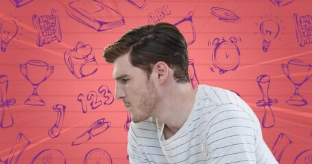 Wall Mural - Animation of confused caucasian male student over school and learning icons on pink paper