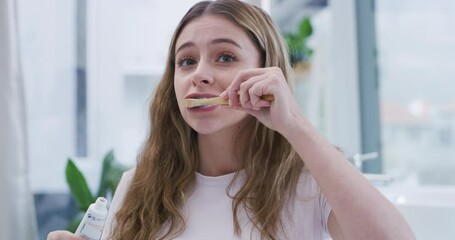 Canvas Print - Woman, brushing teeth and beauty for health, hygiene and grooming at home with toothbrush. Fresh breath, toothpaste and cleaning mouth in bathroom for wellness, morning routine and dental care