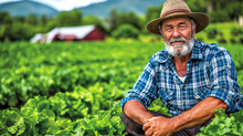 Happy Farmer In A Straw Hat And Blue Plaid Shirt Kneels In A Green Lettuce Field With A Red Barn And Mountains In The Background
