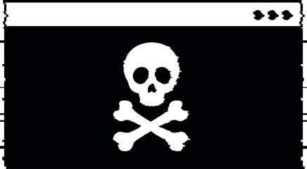vector illustration black and white icon skull crossbones head terminal cmd software, in concept malware software virus or hacker computer