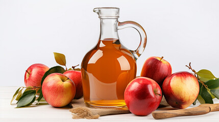 Wall Mural - a jug of apple juice or drink surrounded by apples on a light background, with space for text