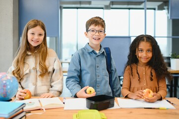 Education is power when selecting food for health. Happy kids take snack break. Nutrition and health education. Healthy eating. Formal education. Private teaching. Education and study