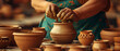 Uma imagem serena com um oleiro no torno, moldando argila em um belo recipiente. A cena transmite a natureza meditativa e prática da cerâmica como uma forma de arte tradicional.