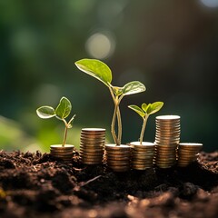 Seedlings growing on a stack of Coins with Concept of business growth, profit and development for success 