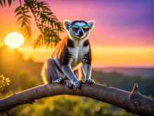 An Enchanting Lemur Catta Perched On A Tree Branch, Sporting Stylish Rainbow-tinted Sunglasses Under The Golden Rays Of The Setting Sun