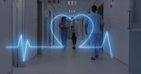 Wall Mural - Animation of heart rate monitor over diverse female doctor and healthworker discussing at hospital