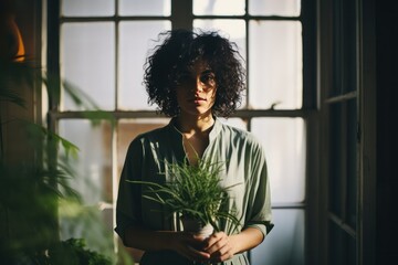 Wall Mural - Young diverse woman taking care of green house plants at home. Millennial person holding potted plant. Gardening urban jungle hobby.	