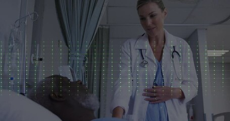 Wall Mural - Animation of heart rate monitor against diverse female doctor talking to male patient at hospital