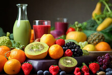 Healthy Still Life. Fruits, Vegetables, Yoga, And Smoothies. A Vibrant Portrayal Of Wellness And A Wholesome Lifestyle. Perfect For Health Concepts.
