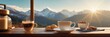 Coffee cup on wood table and view of beautiful nature background.