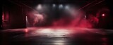 Fototapeta Perspektywa 3d - The dark stage shows, empty garnet, ruby, crimson background, neon light, spotlights, The asphalt floor and studio room with smoke