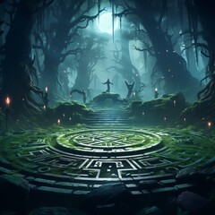 Wall Mural - Battle arena with runes night magic forest image Ai generated art