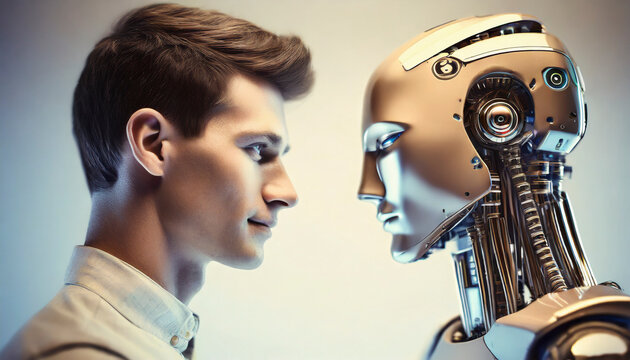 man with humanoid robot, artificial intelligence and machine learning concept