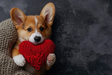 Wall Mural - little corgy puppy with knitted heart. Saint Valentine.