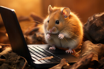 Poster - A perplexed hamster staring at a miniature laptop, capturing the funny side of rodents navigating the digital age. Concept of tiny tech troubles. Generative Ai.