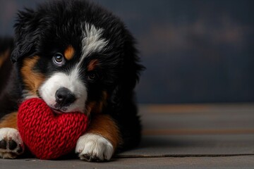 Wall Mural - cute little Bernese Mountain Dog puppy with knitted heart in paws. Saint Valentine.