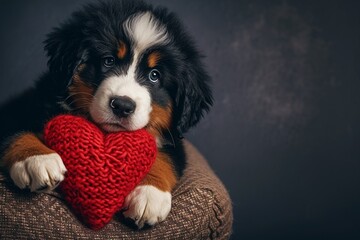 Wall Mural - little Bernese Mountain Dog puppy with knitted heart in paws. Saint Valentine.