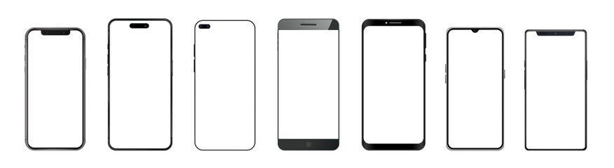 realistic models smartphone. mobile phone display, device screen frame and black smartphones vector