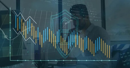 Poster - Animation of financial data processing over caucasian businessman using laptop